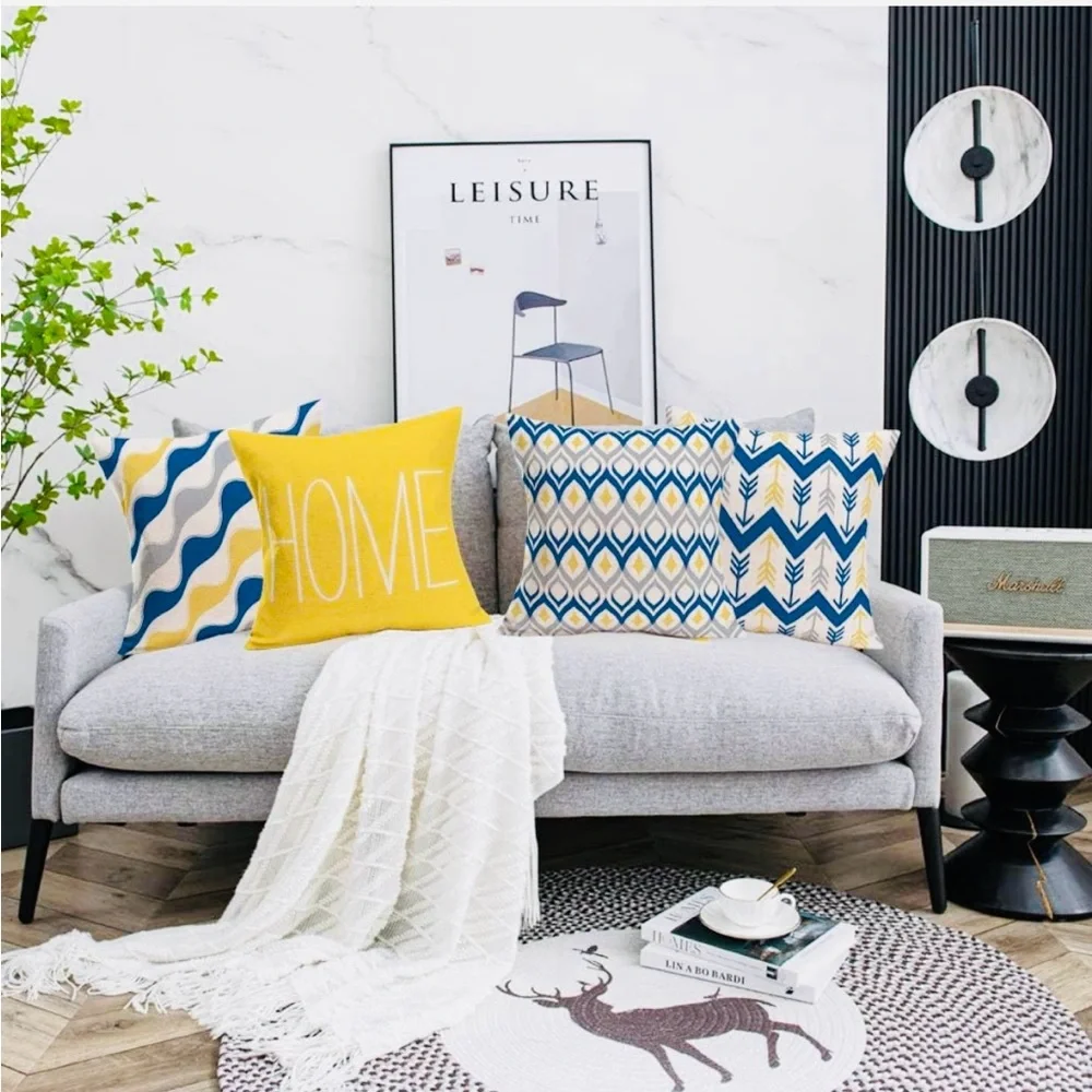 Geometric Set of 4 Throw Pillow Covers Blue Yellow Grey NEW